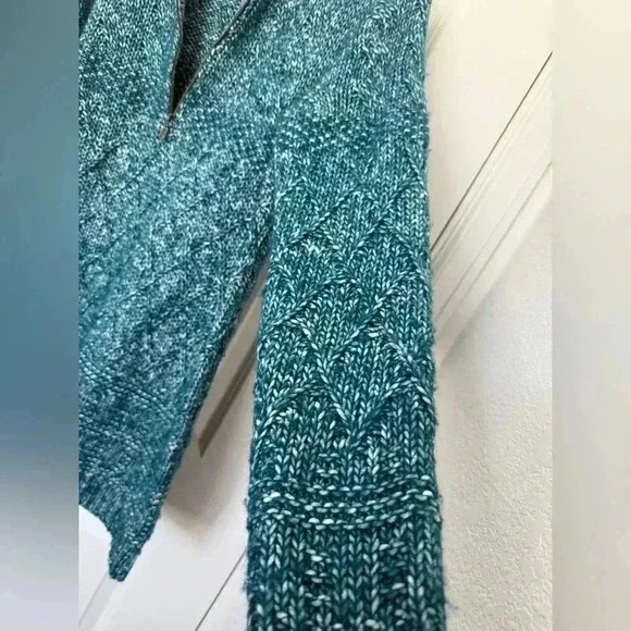 Soft Surroundings Women's Teal 1/4 Zip Aran Cable Knit Sweater Size M Wool Blend - Picture 9 of 10